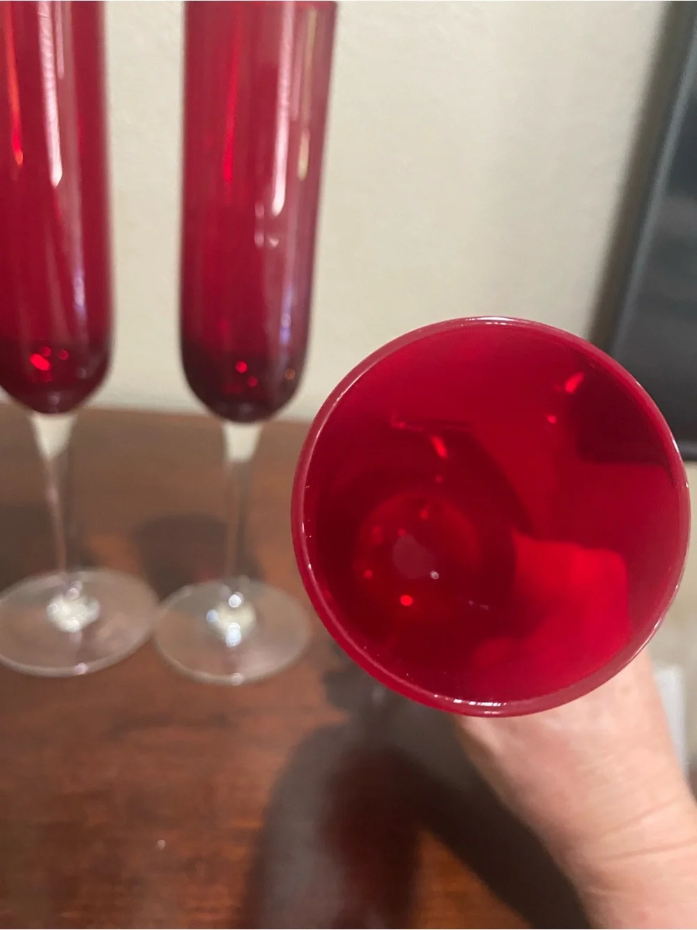 Set of 4, Pier 1, Ruby Red Champagne Flutes with Clear Crystal Stems